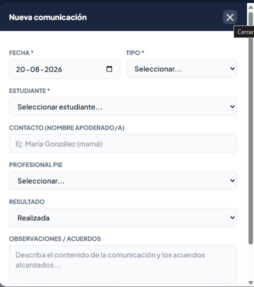 Comunicaciones con Familias — formulario de nueva comunicación