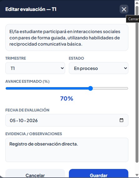 Metas PAI — modal de evaluación trimestral con slider y estado